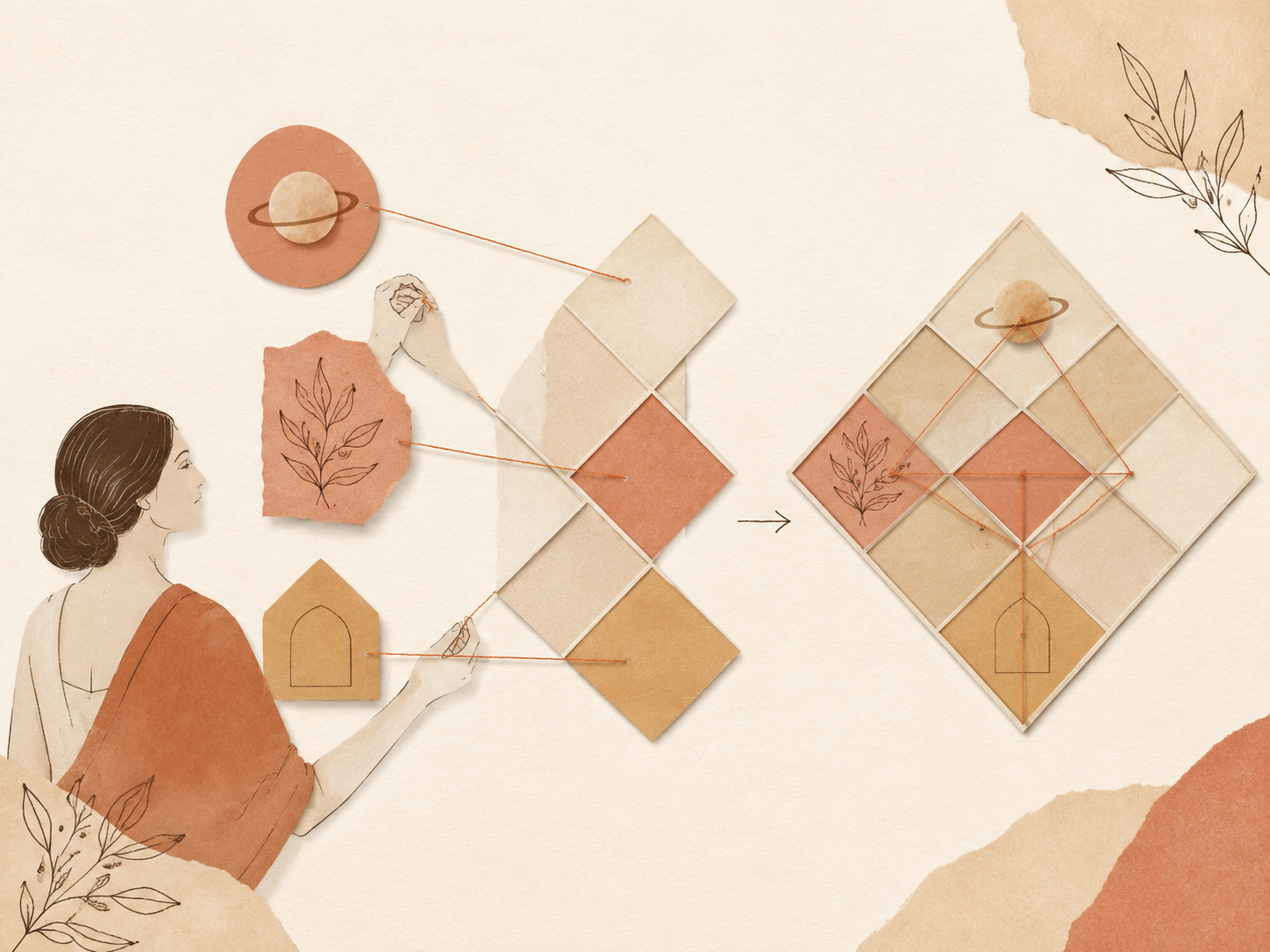 Ilustración de una mujer organizando y conectando objetos y líneas en forma de diagrama con papel de colores cálidos y elementos decorativos de hojas, simulando un proceso de creación o planificación.