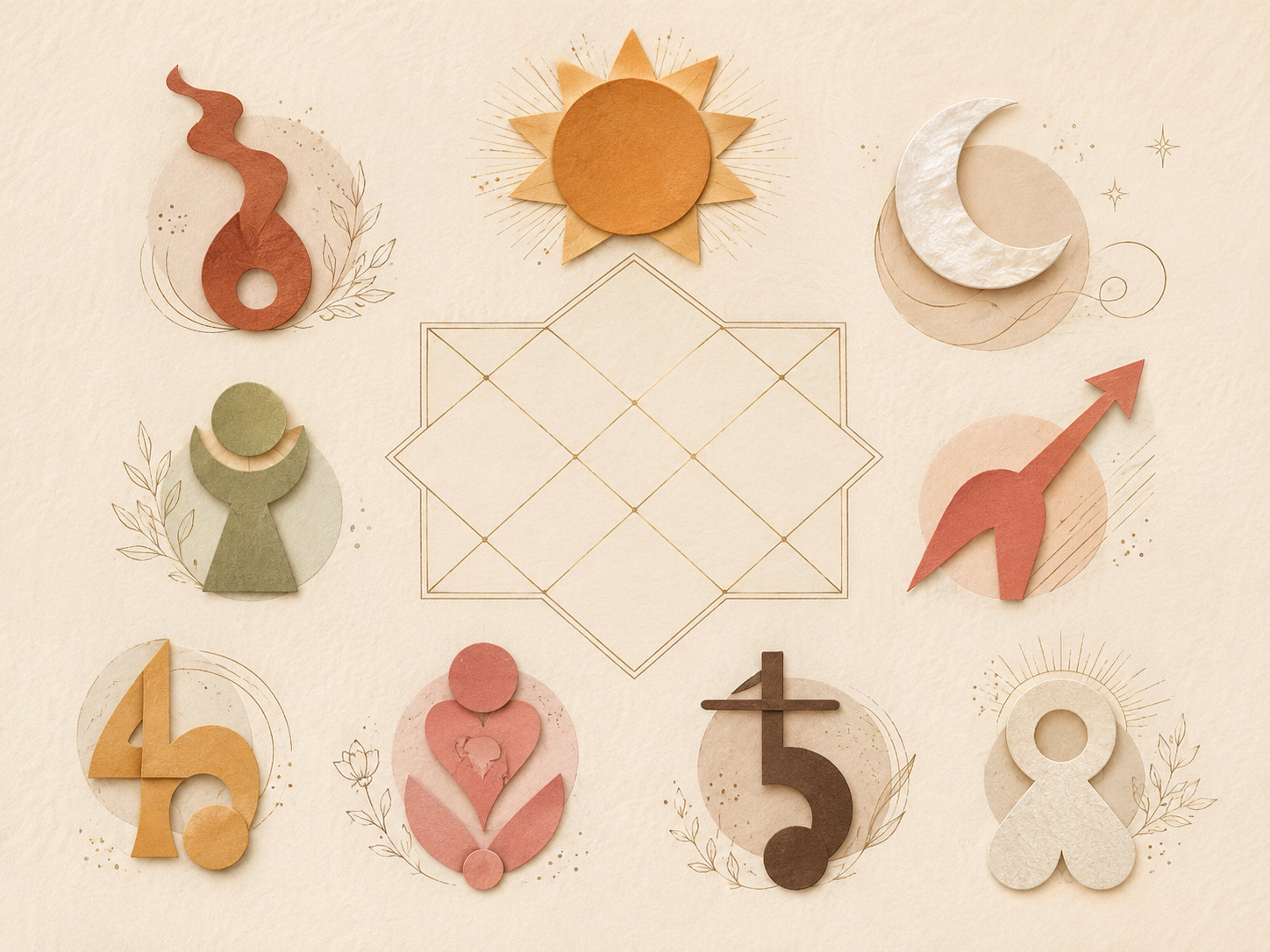 Dibujos de números del uno al ocho en colores terrosos y figuras de estilo minimalista con adornos de hojas y rayas, en un fondo de papel beige con un patrón geométrico central.