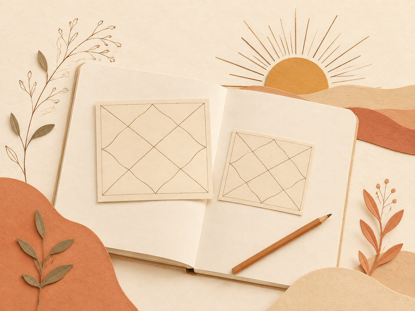 Cuaderno abierto con patrones de líneas geométricas en hojas de papel, rodeado de recortes de papel en tonos arena, terracota y beige, con hojas decorativas y un dibujo de sol en el fondo.