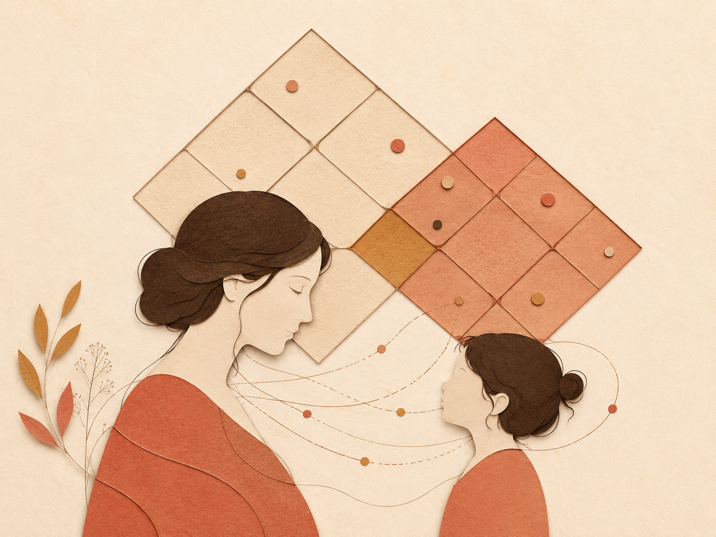 Ilustración de una mujer y una niña con cabello oscuro, perfil, en tonos cálidos, con elementos abstractos y hojas en el fondo.