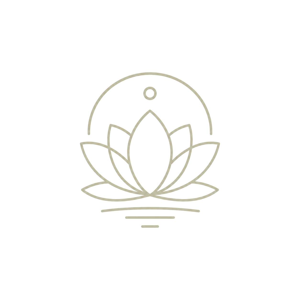 Ilustración minimalista de una flor de loto con un círculo y una línea curva en la parte superior, en color beige claro.