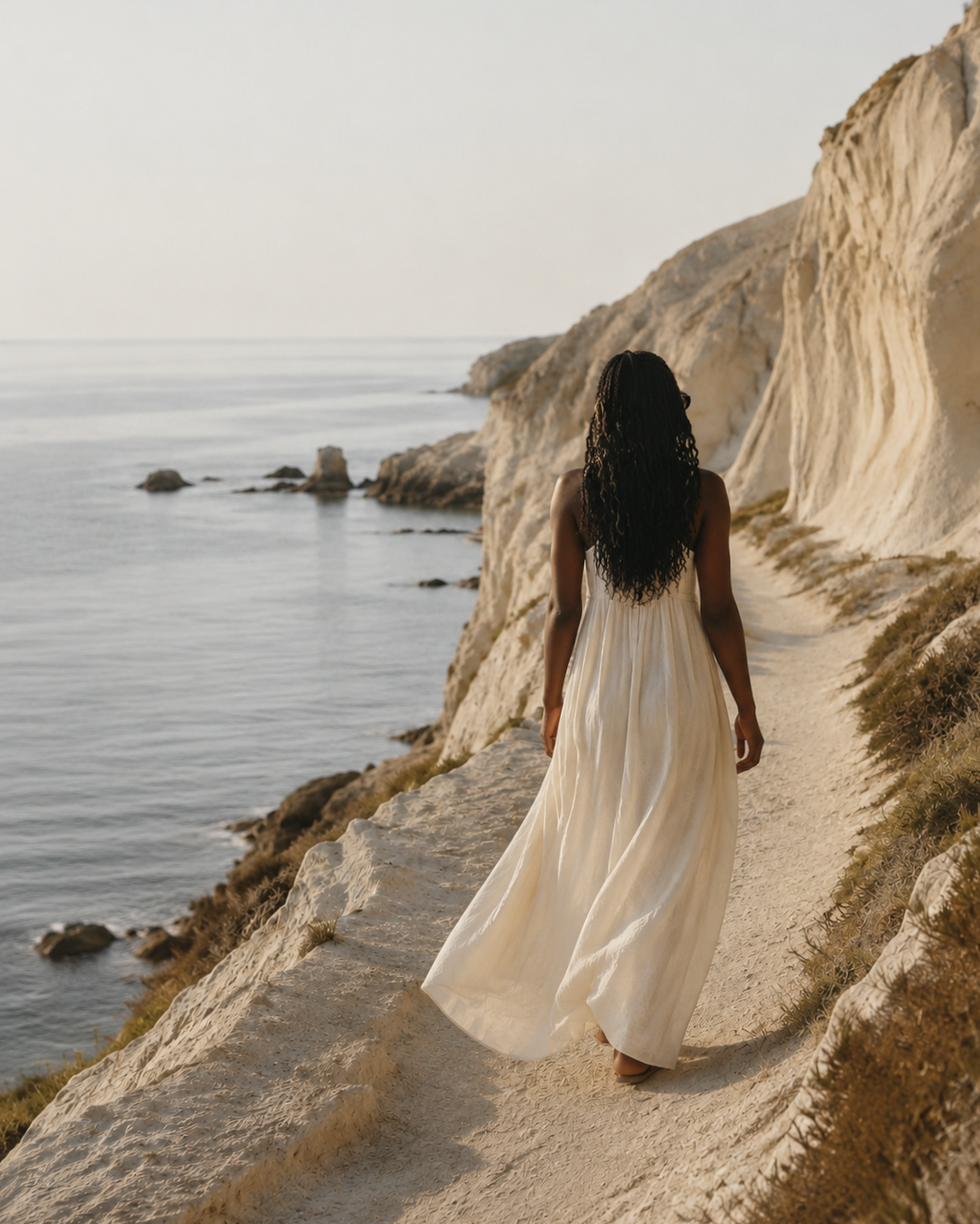 Mujer con vestido largo caminando por un sendero en acantilados cerca del mar durante el atardecer.