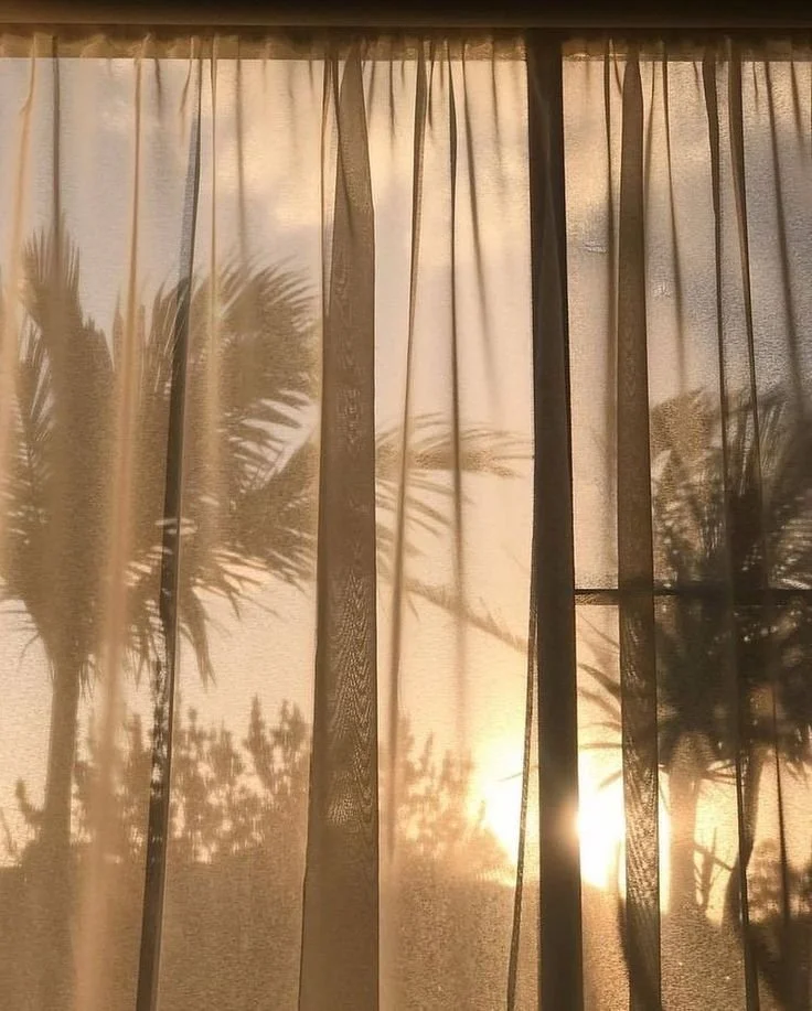Luz cálida y sombras de palmeras tras unas cortinas en Bali.