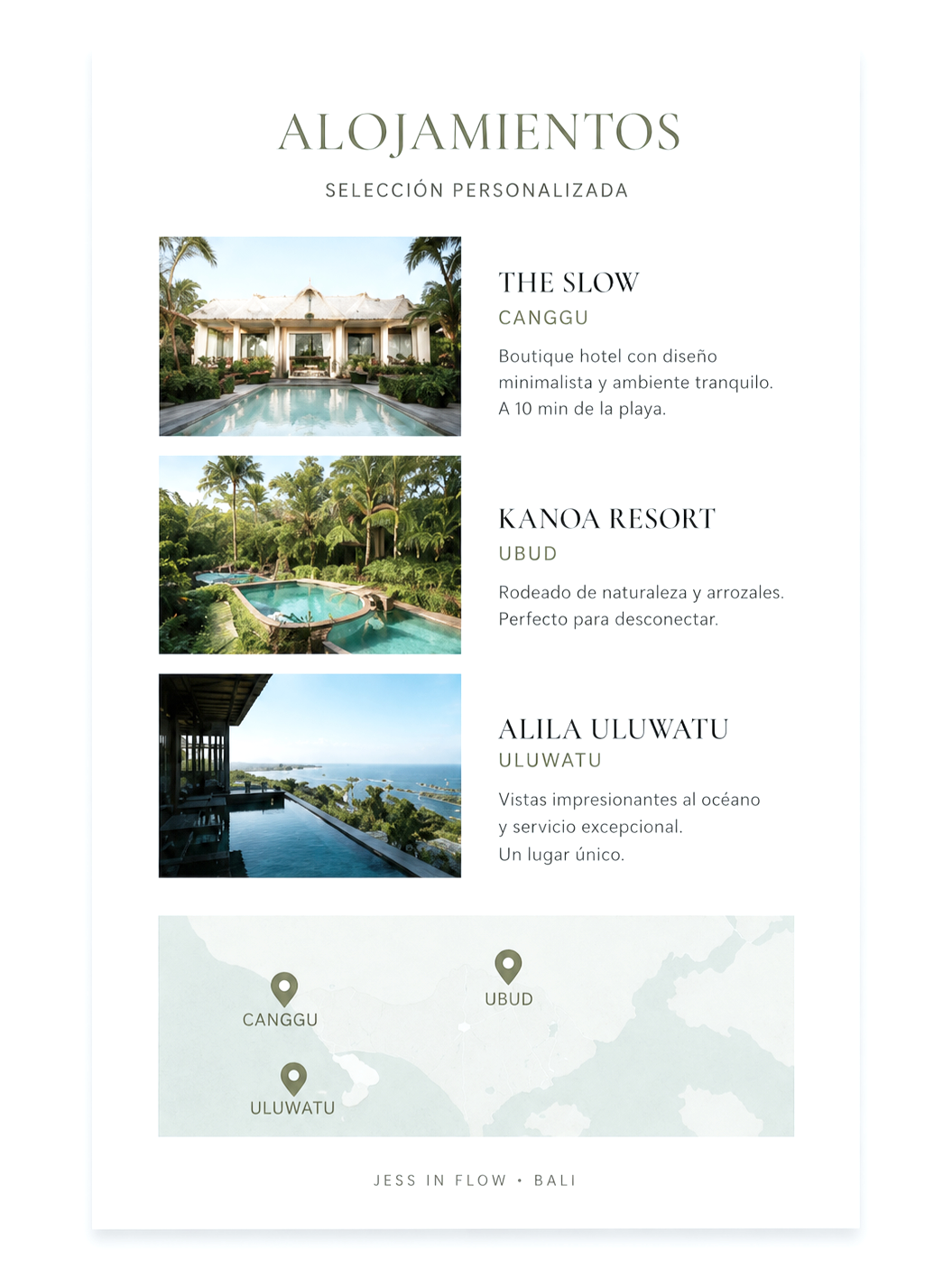 Selección personalizada de alojamientos y mapa para un itinerario por Bali