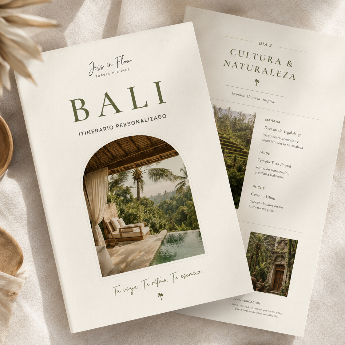Ejemplo visual de un itinerario personalizado de Bali creado por Jess in Flow.
