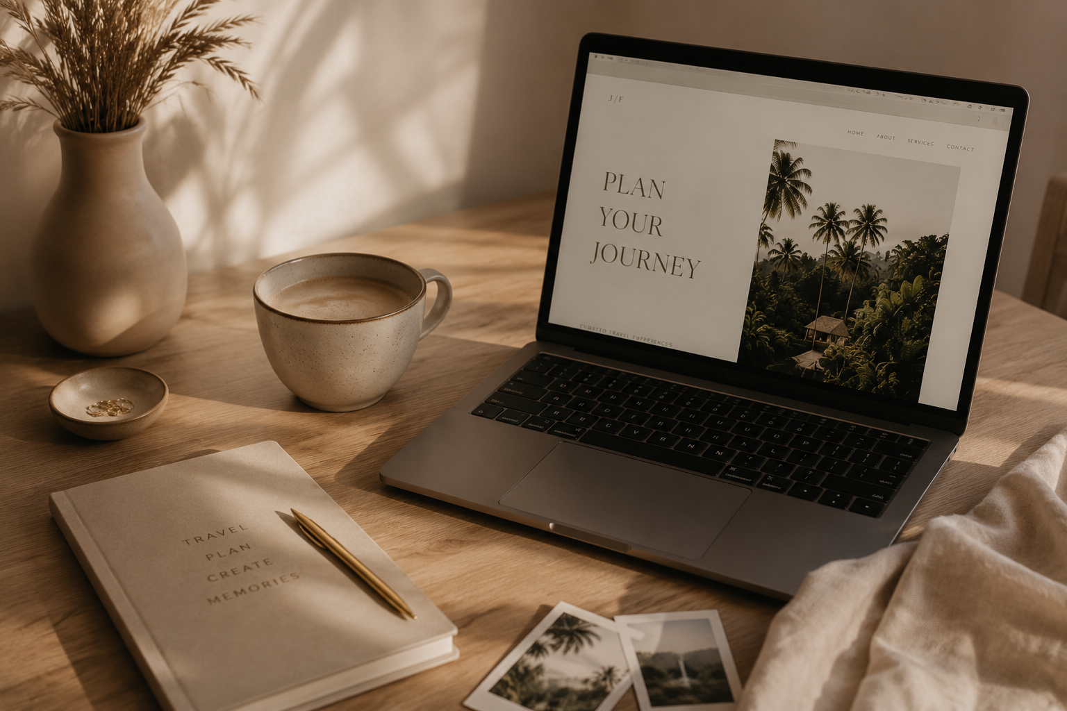 Espacio minimalista de planificación de viajes con ordenador, café y estética tropical wellness