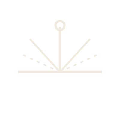 Minimalist black and white illustration of a compass with a central vertical line, horizontal line, and a circle at the top; dotted lines indicate directions.
