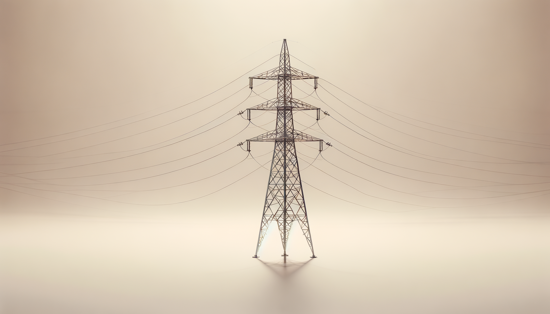 A tall, metal electrical transmission tower with multiple power lines extending outward against a light, blurred background.