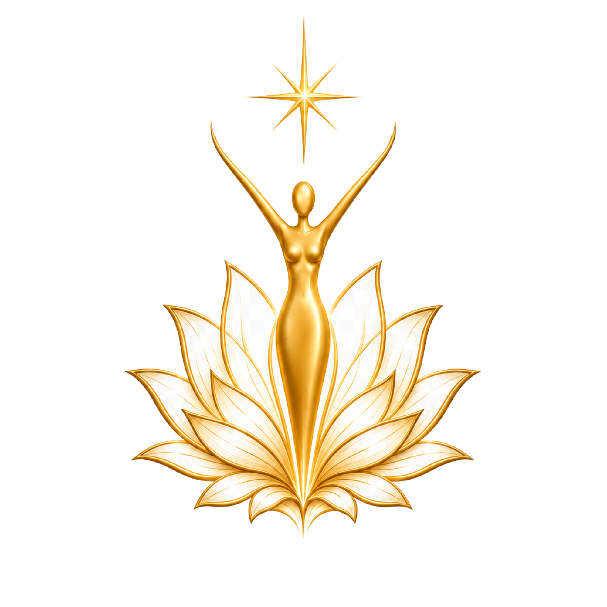 Eine goldene, stilisierte Figur mit ausgebreiteten Armen, die in einem Lotus steht, mit einem leuchtenden Stern darüber.