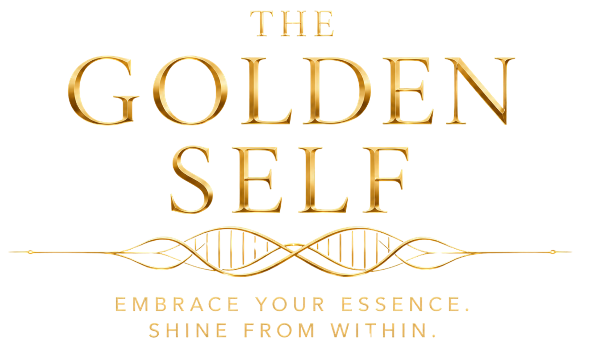 Goldener Schriftzug mit der Aufschrift "The Golden Self" und darunter der Satz "Embrace your essence" auf einem schwarzen Hintergrund, mit goldenen dekorativen Linien.