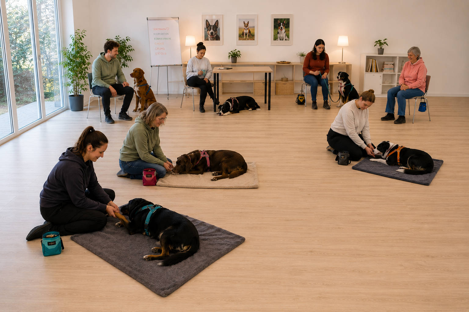 Menschen in einem Raum mit Hunden auf Matratzen und Hunde beim Tierarzt, die an einer Hundeschule teilnehmen.