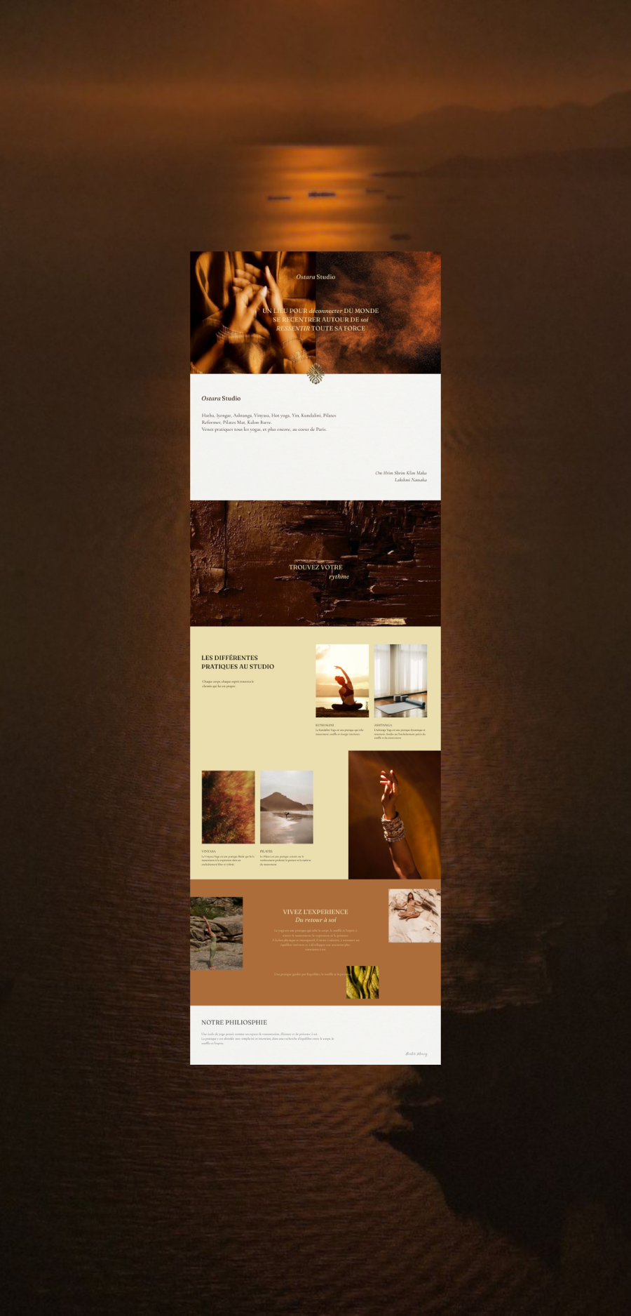 Une brochure promotionnelle pour Ostara Studio, un centre de bien-être et de méditation, avec des images de yoga, de nature et de méditation, présentant leurs pratiques, philosophie et expérience à Paris, France. Webdesigner, maquette de site.