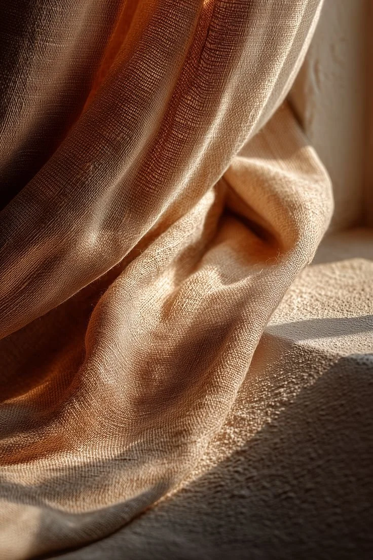 Tissu en satin beige avec des plis et une lumière douce. Détail photo dans une chambre d'hôtel.