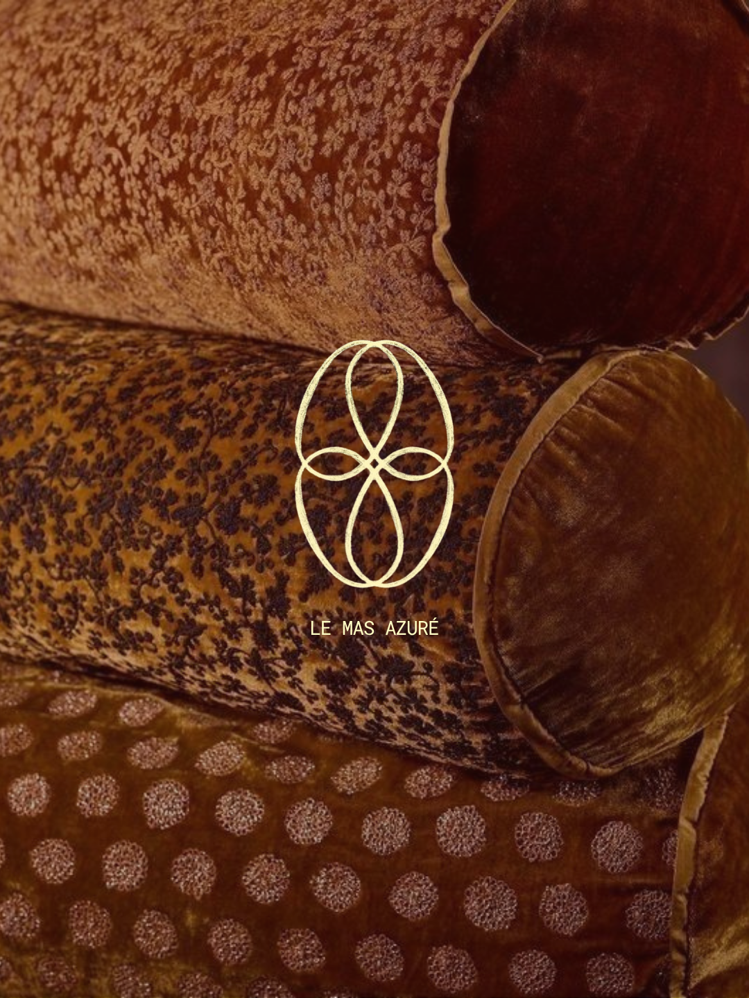 Coussin en velours violet avec motifs floraux dorés. Logo maison d'hôtes en Provence.