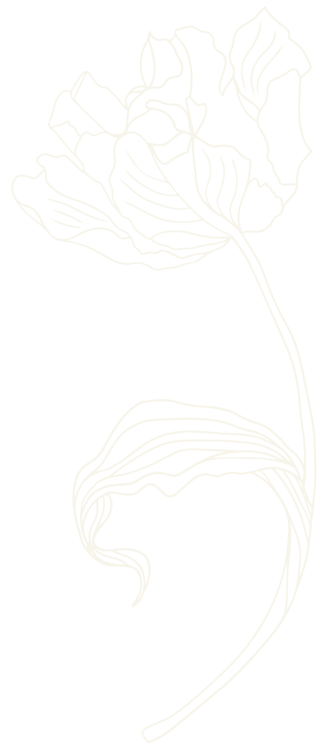 Line drawing of a flower with leaves and a long curved stem on a black background.