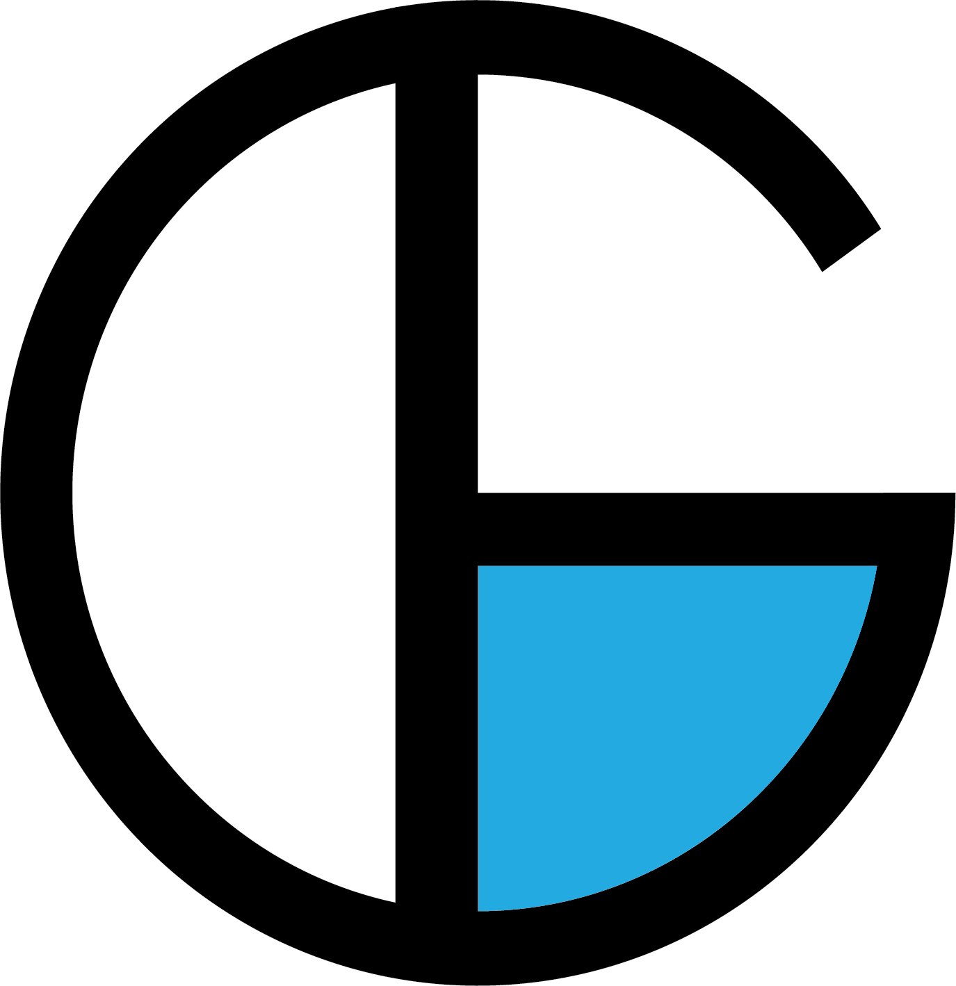 Luke Gordon Pavel logo: a circle outline with a vertical line through the centre forming a stylised letter G, with the bottom-right quarter filled in blue.
