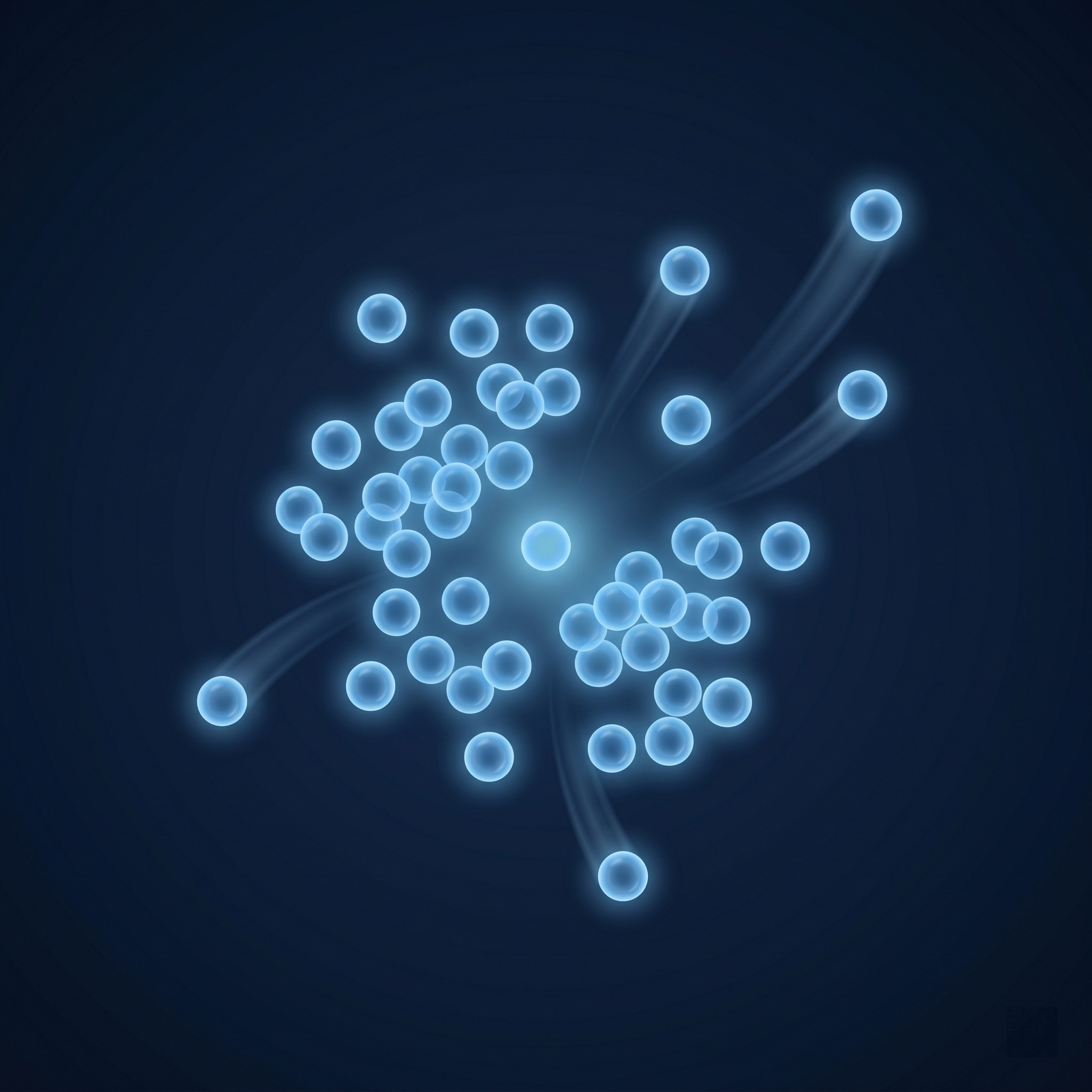 Illustration of liposome spheres dispersing from a central point