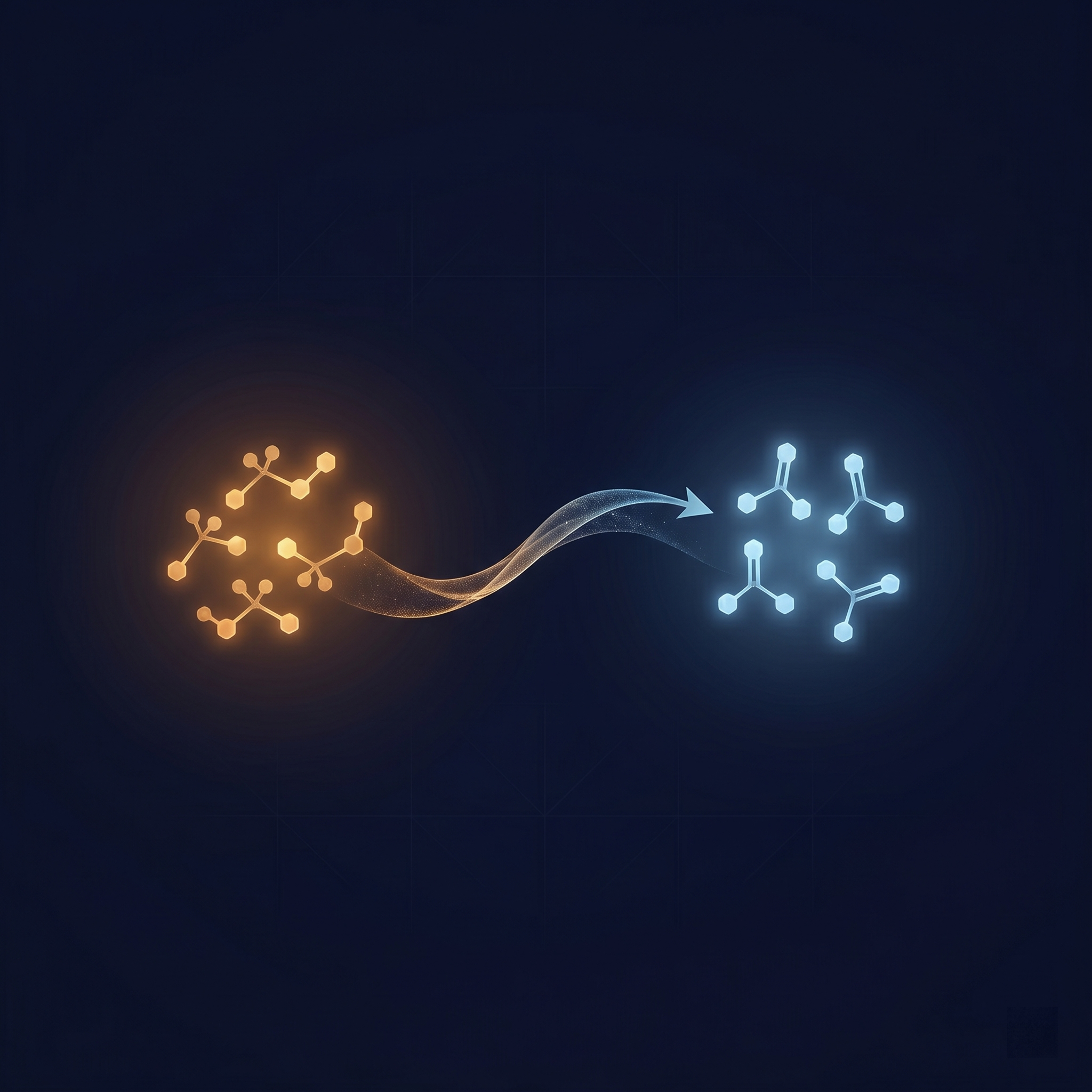 Illustration showing amber ethanol molecules transforming into blue acetate molecules