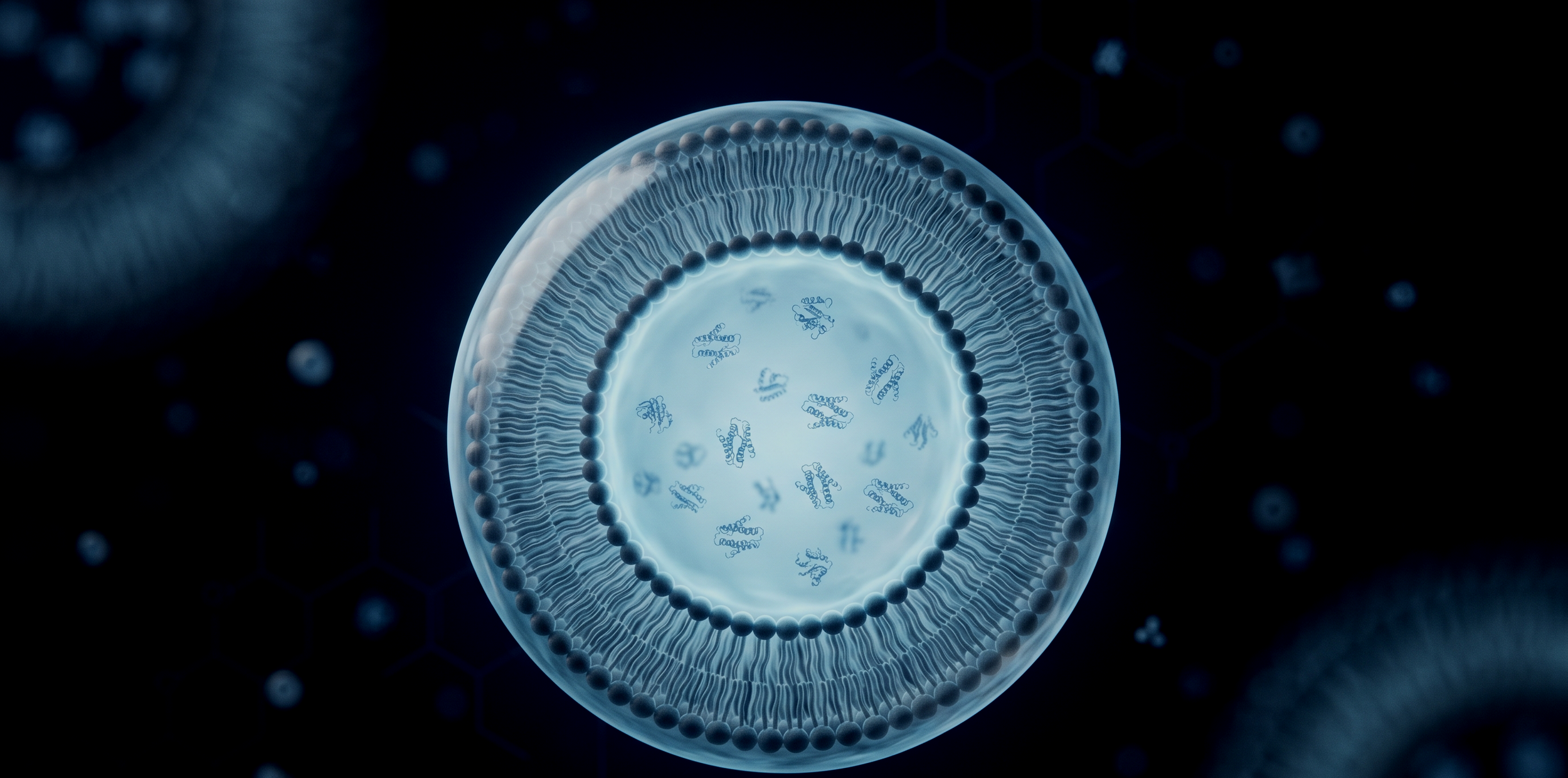 Scientific illustration of a liposome with visible phospholipid bilayer and enzyme molecules inside, on a dark blue background