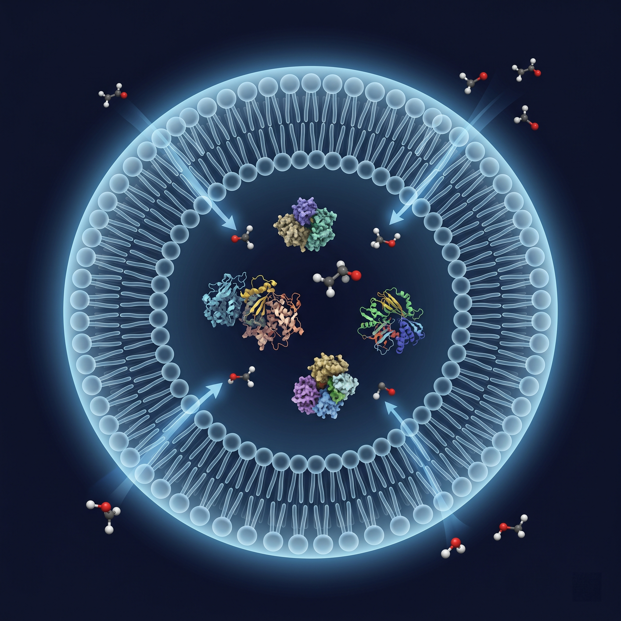 Illustration of a liposome cross-section showing enzymes inside and ethanol molecules passing through the membrane