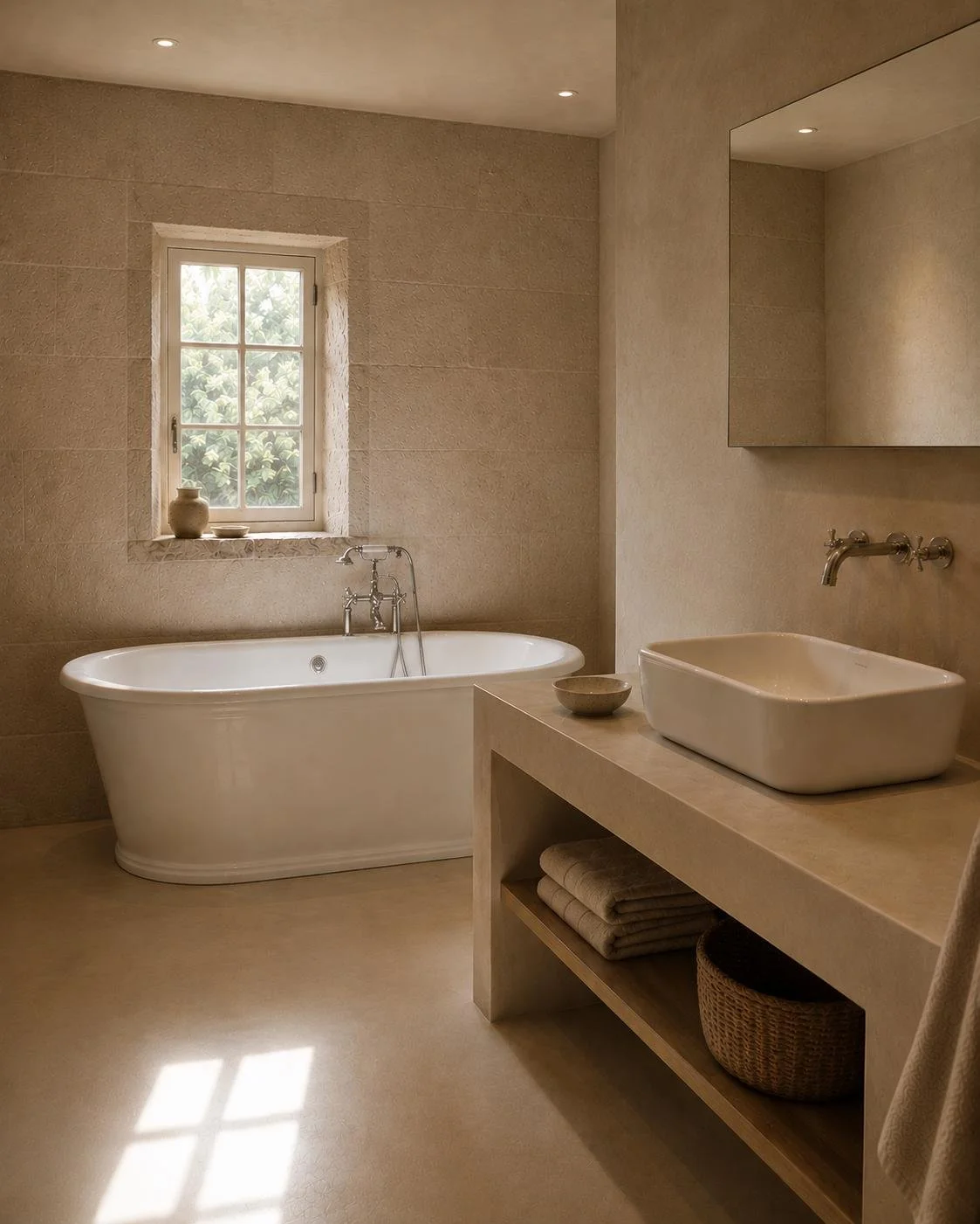 Rénovation d'une salle de bain dans un mas des Cévennes : mariage entre le monochrome sable et la faïence blanche.