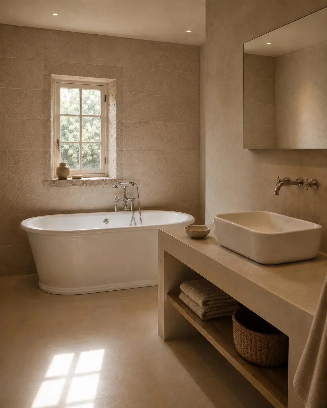Rénovation d'une salle de bain dans un mas des Cévennes : mariage entre le monochrome sable et la faïence blanche.