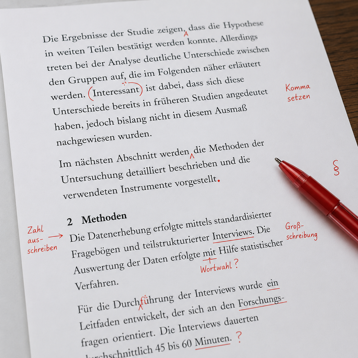 Wissenschaftliches Manuskript mit roten Korrekturzeichen
