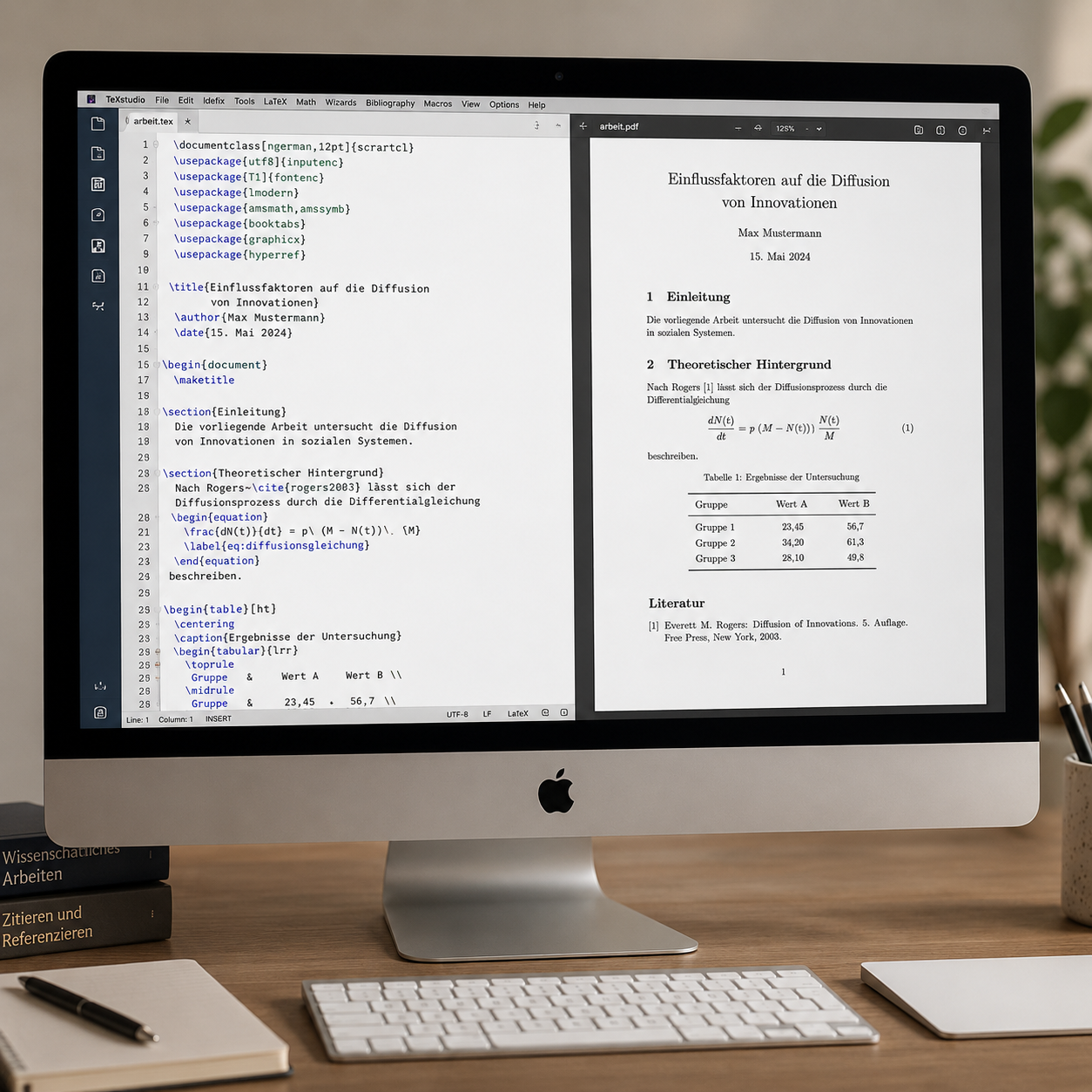 LaTeX-Editor mit Quelltext links und fertigem PDF rechts