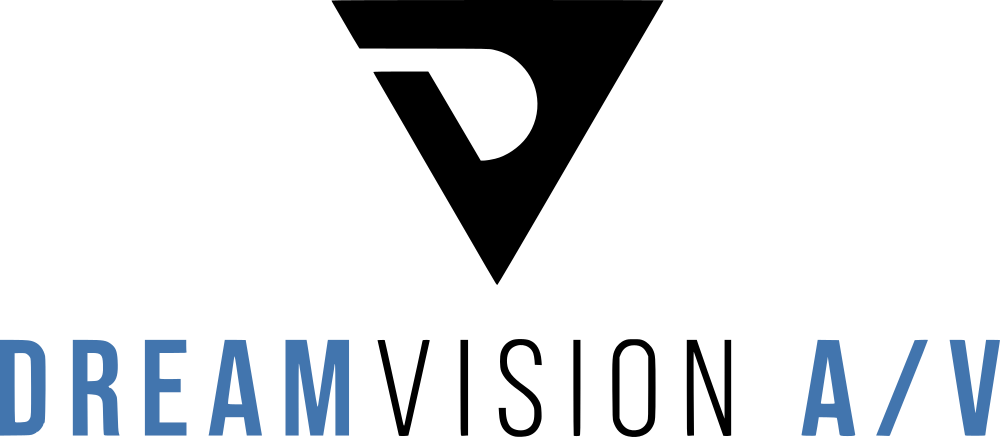 Text on a black background with the word "DREAM" in blue on the left and "A/V" in blue on the right.