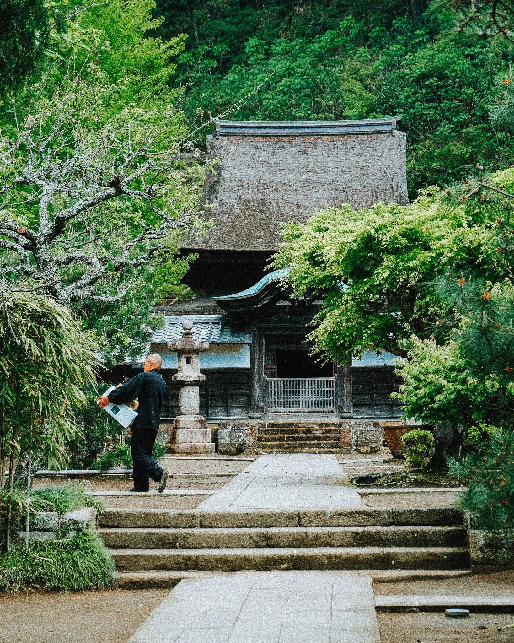 A traditional Japanese shrine gate (torii) with stone steps leading up to it. Lush green trees surround the area, and a man wearing black clothing is walking past a stone lantern near the steps.