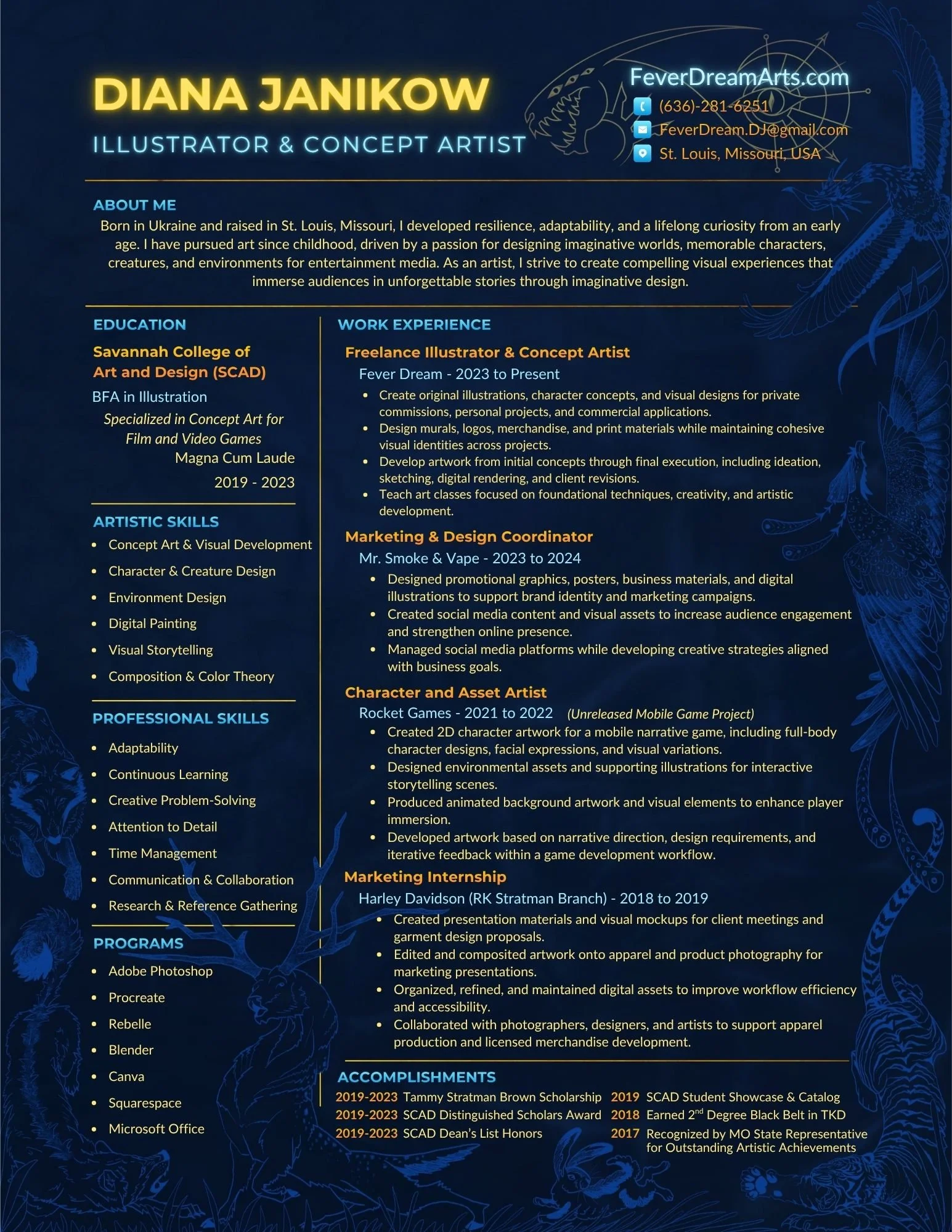 A professional resume or CV with dark blue background, decorative dragon illustrations on the sides, and gold accents, featuring the name Diana Janikow and her skills, experience, education, programs, and accomplishments.