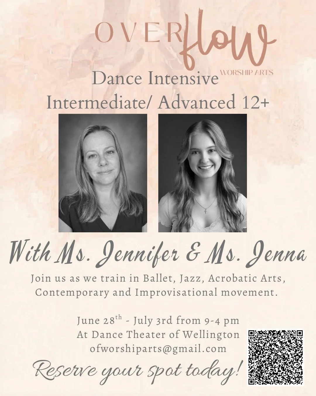 Intermediate/Advanced Dancers Ages 12+ (Adults Included!)

Spend a week growing in technique, artistry, and confidence with Ms. Jennifer &amp; Ms. Jenna at Overflow Worship Arts.

Train in:
&bull; Ballet
&bull; Jazz
&bull; Acrobatic Arts
&bull; Conte