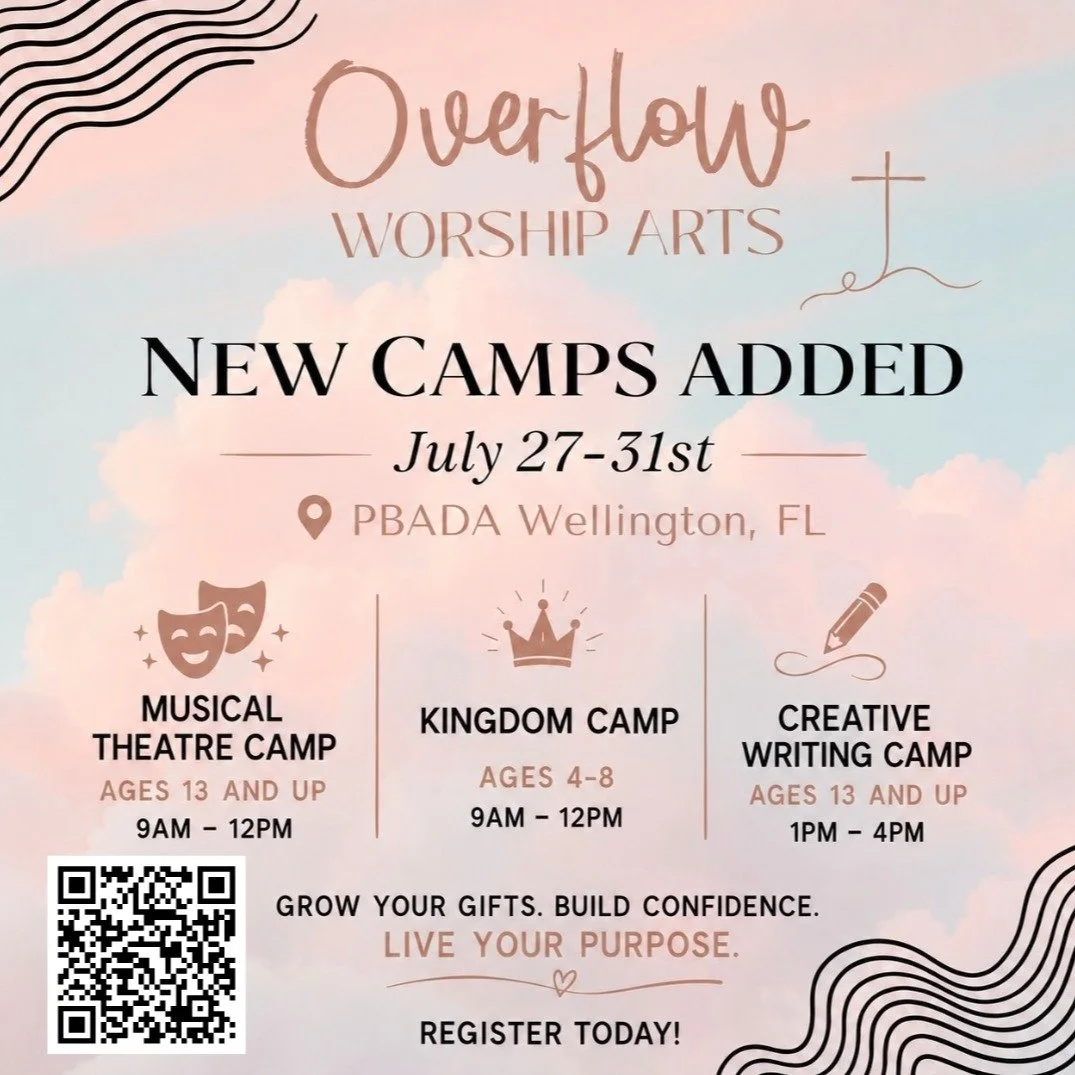 ✨ New camps just added! ✨

This July, give your child (or teen!) a week to grow their gifts, build confidence, and discover their God-given purpose. 💛

🎭 Musical Theatre Camp (Ages 13+)
👑 Kingdom Camp (Ages 4&ndash;8)
✍️ Creative Writing Camp (Age