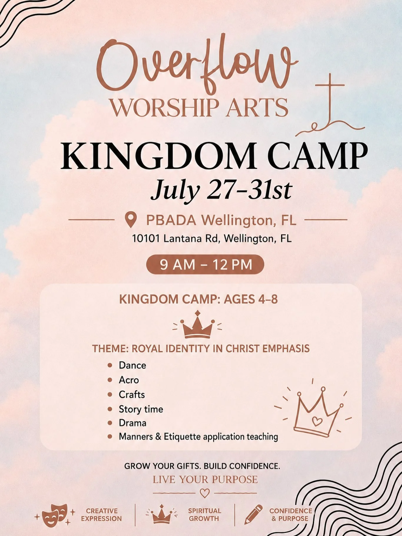 Kingdom Camp is here!

Join us July 27&ndash;31 from 9:00 AM&ndash;12:00 PM at PBADA Wellington for a week designed especially for children ages 4&ndash;8.

Through dance, acro, crafts, story time, drama, and manners &amp; etiquette, students will di