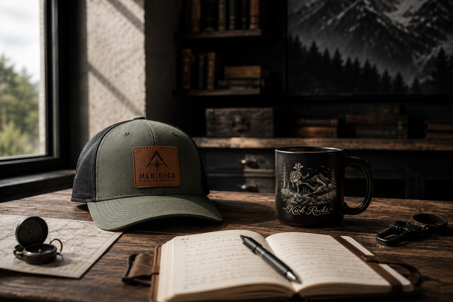 A desk with a gray cap labeled "Meridian", a black mug with mountain climbing illustration and the words "Kick Rocks", an open notebook with a pen, a compass, and a map, set in front of a window with forest and mountain scenery in the background.