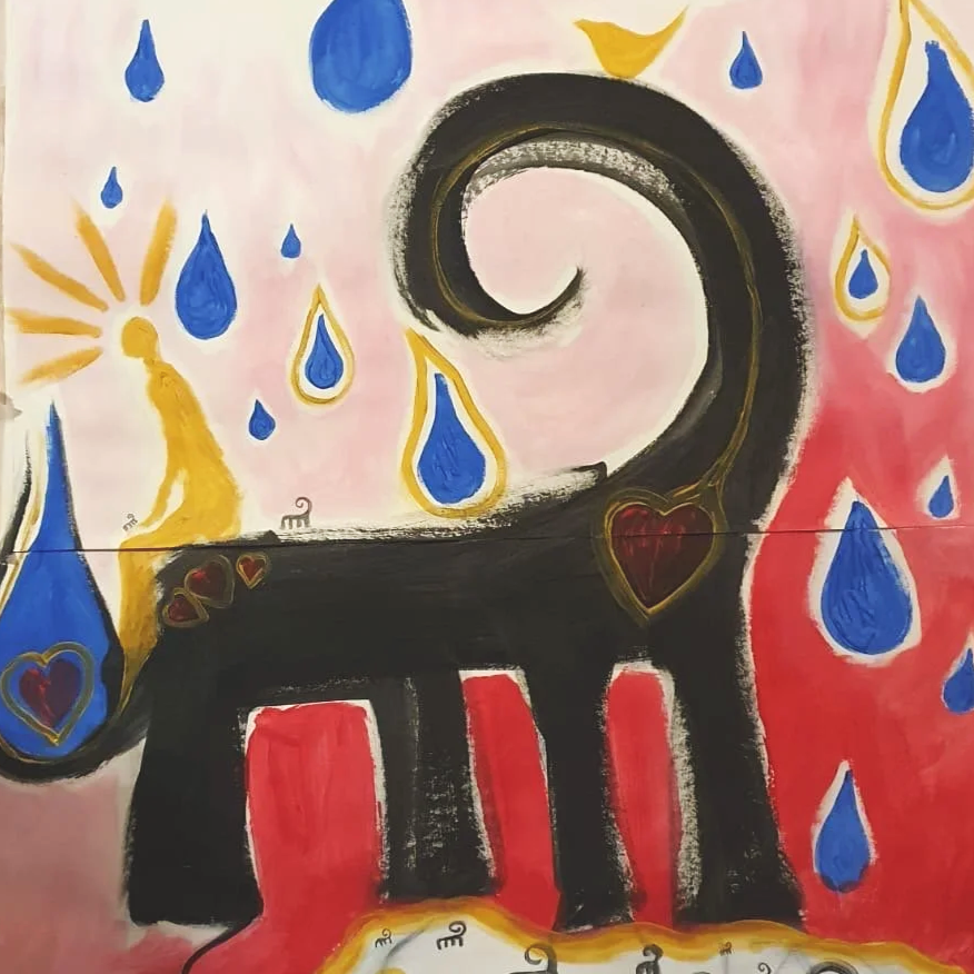 Part of a process painting showing a black dinosaur-like creature surrounded by blue and yellow raindrops and with a yellow figure perching on its back.