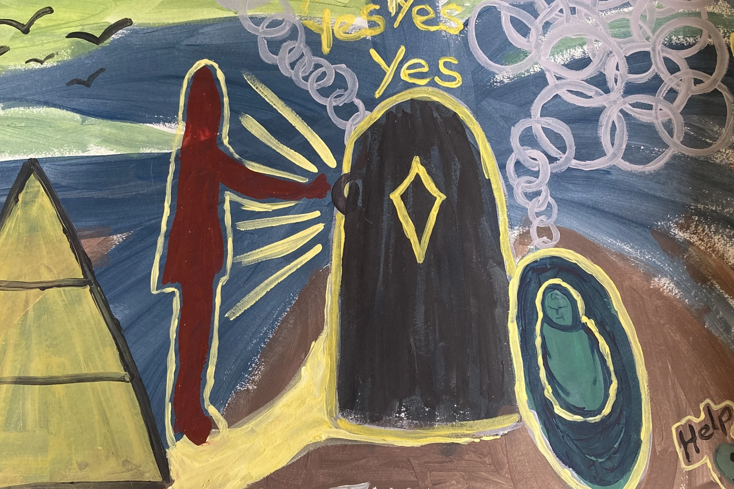 A colorful painting featuring a woman about to open a door and the word "yes" appearing above it several times.
