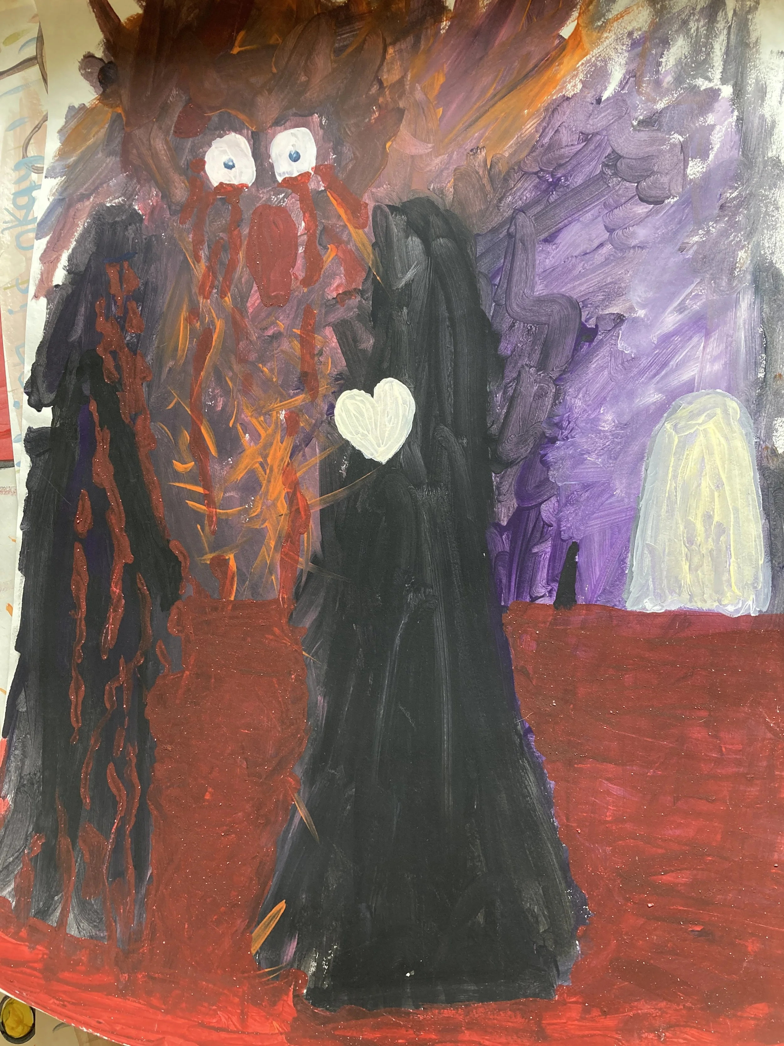 A process painting featuring a figure with a dark silhouette and a white heart shape on the chest, set against a background of purple, red, orange, and brown brushstrokes.