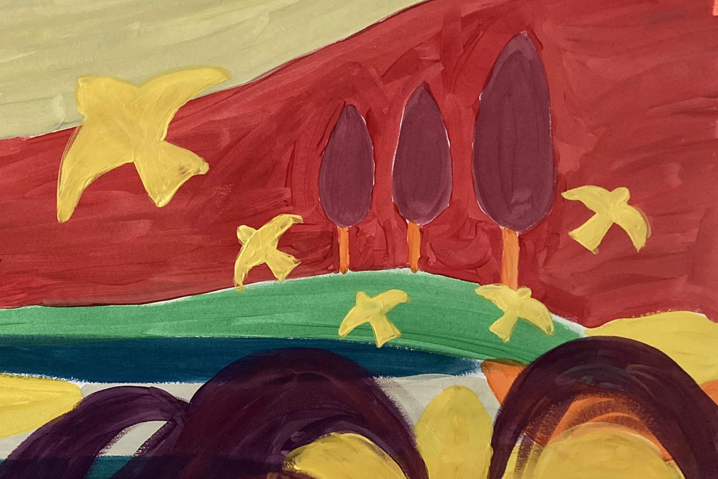 Process painting featuring several yellow birds flying up and out into the sky in front of a landscape.