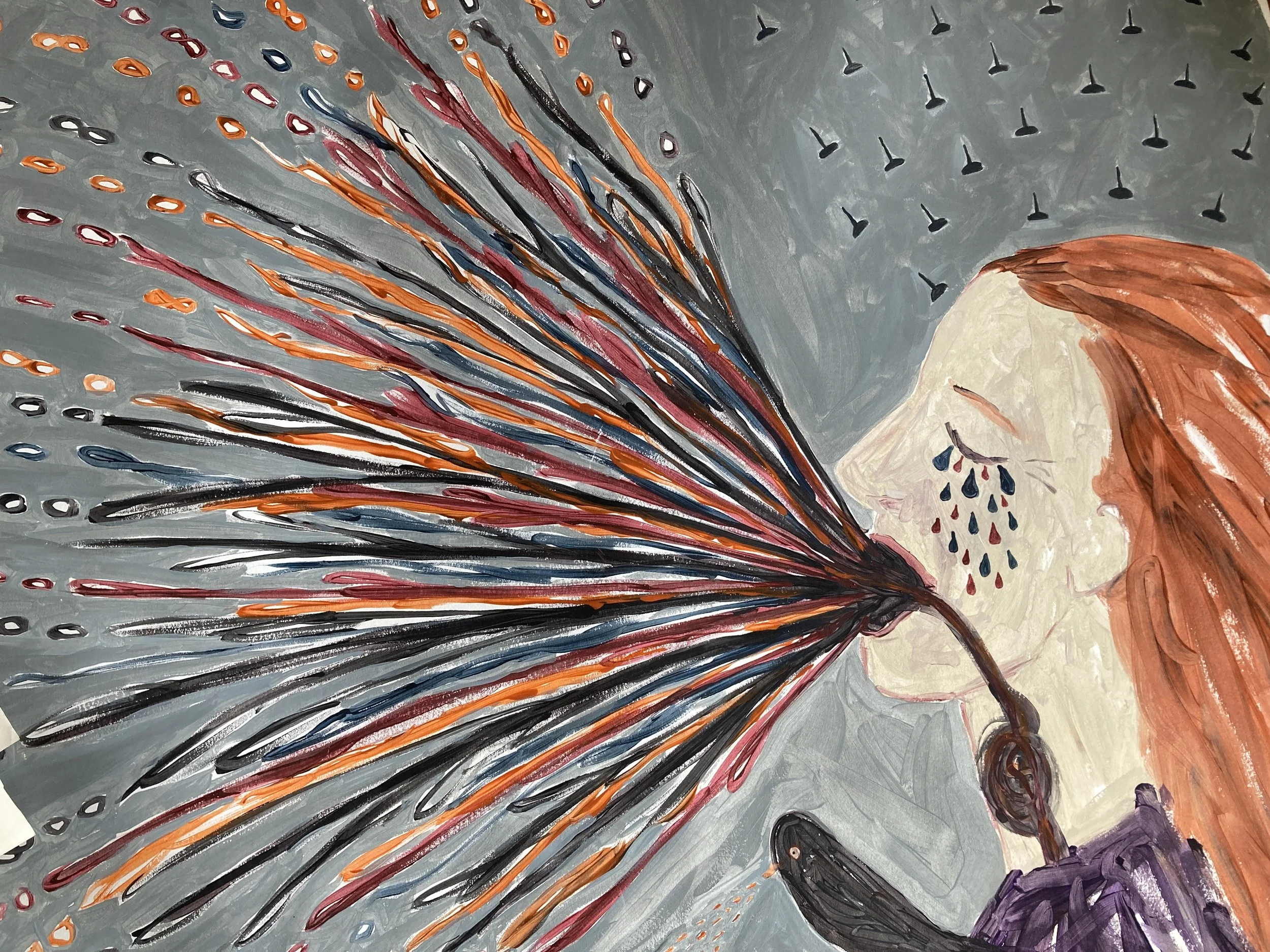 A process painting of a woman with red hair, closed eyes, and tears falling from her eyes as she screams. The screams are visually represented by orange and black strokes coming out of her mouth.