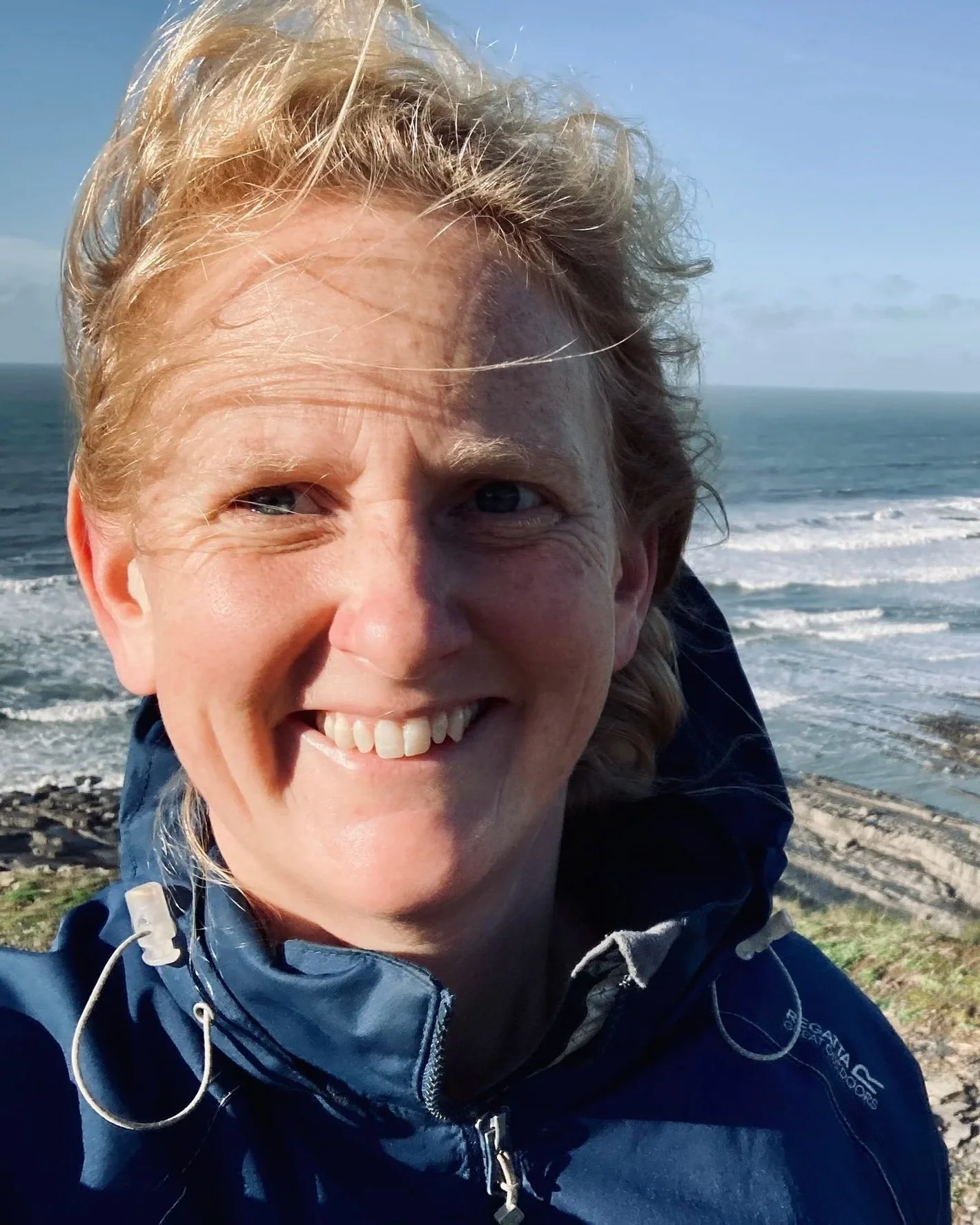 Close-up of Henri standing out on the Cornish coast path on a windy day.