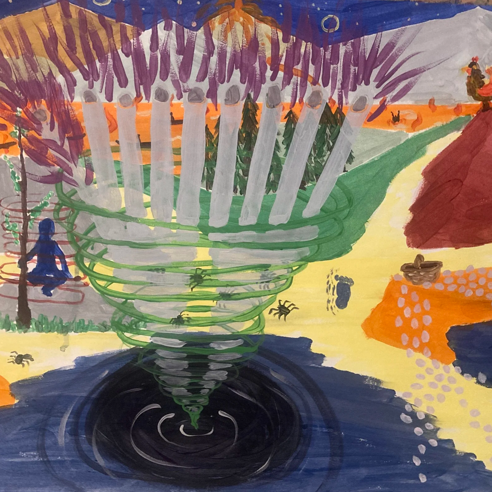 A process painting depicting some kind of whirlpool with big hands coming out of the centre and bursting into flames at the top.