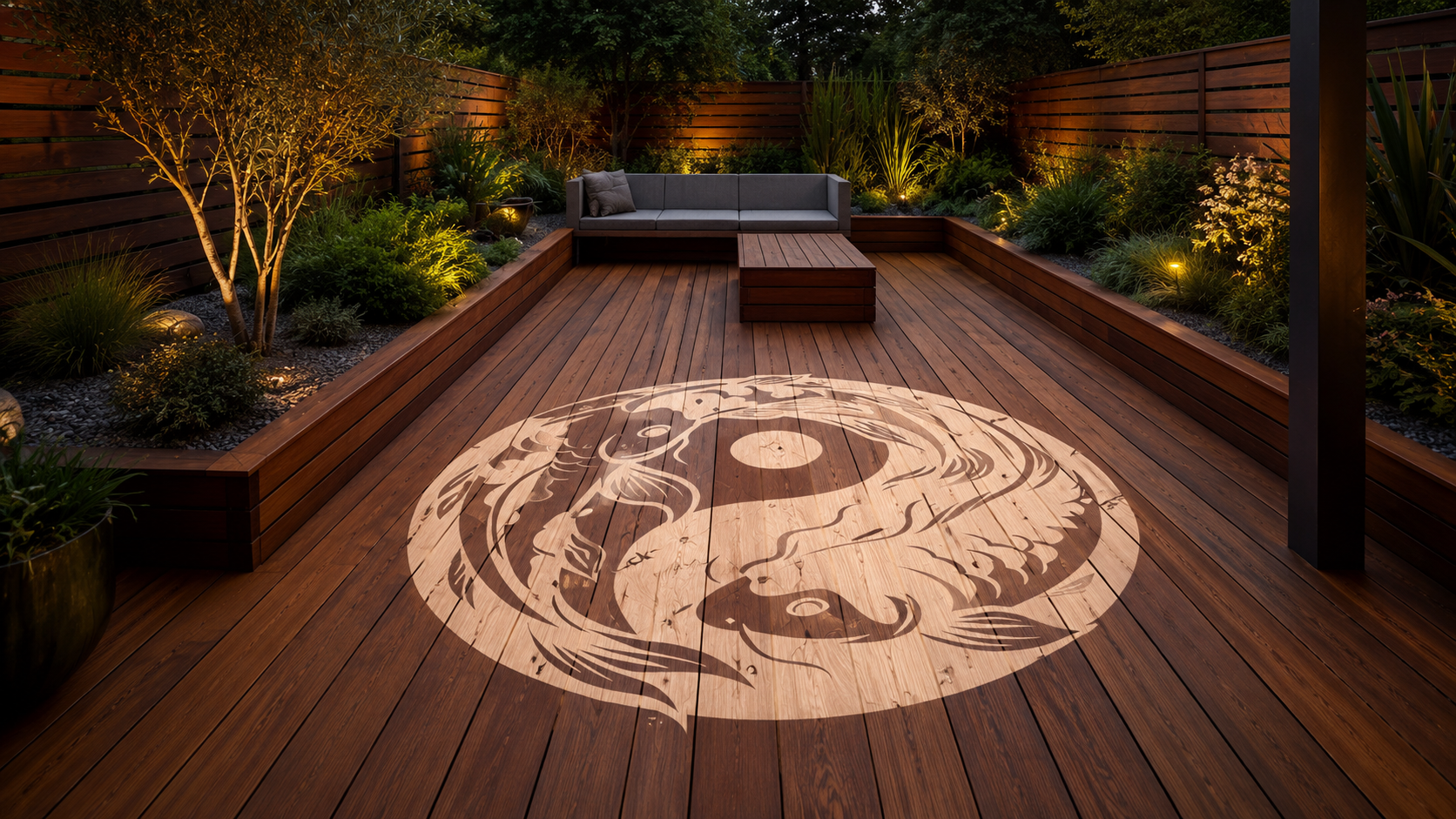 Décoration extérieure imitation tapis sur plancher bois en reverse graffiti par Art Clean Design