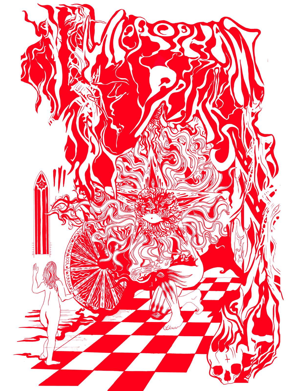 A highly stylized, abstract illustration featuring a central lion with flames around its head, a dragon-like creature, a small human figure in the foreground waving, and a skull on the floor. The scene has a red and white color scheme with intricate,