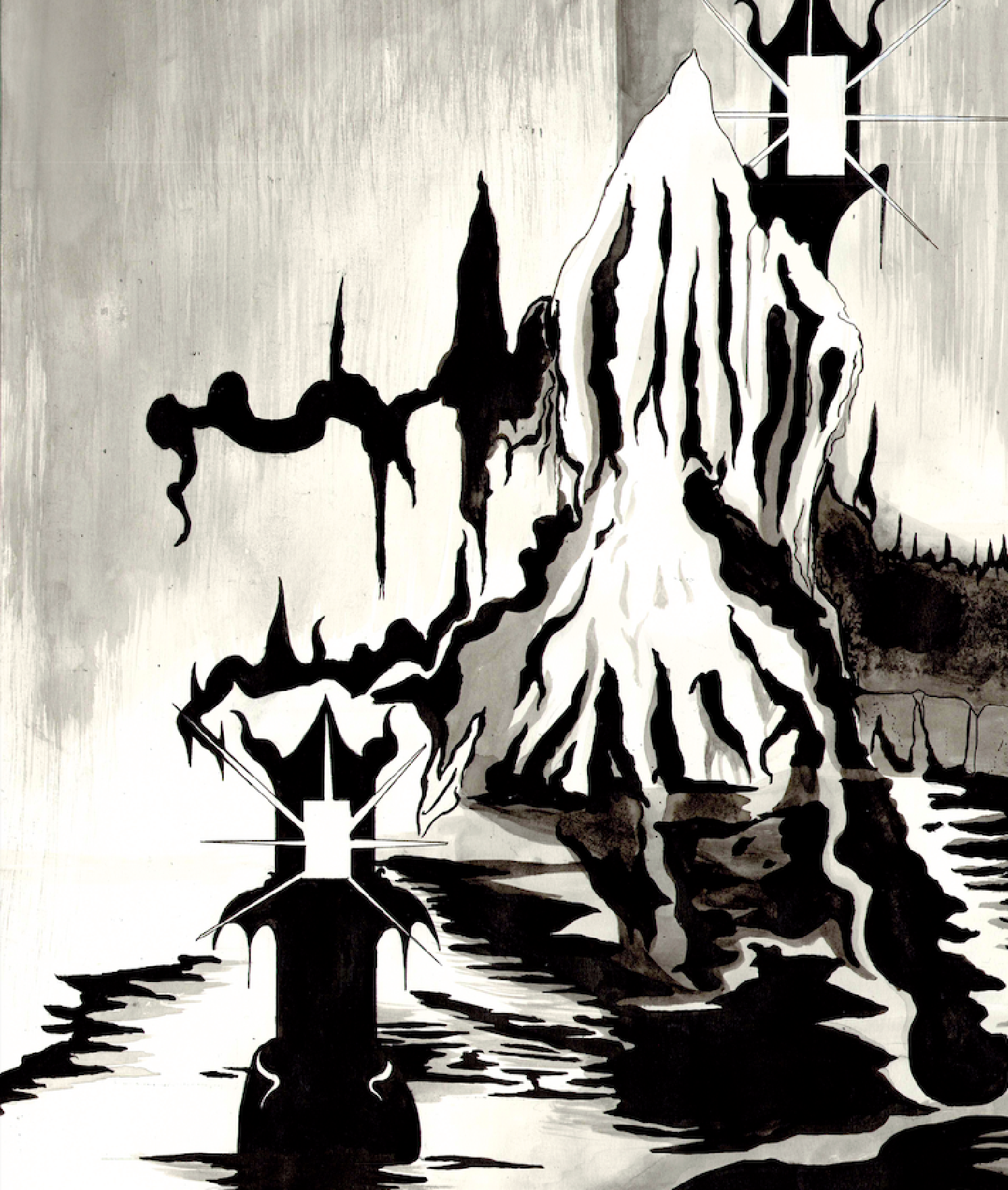A detail from The Forest of Dreams art print showing a fountain drawn in black and white pen and ink