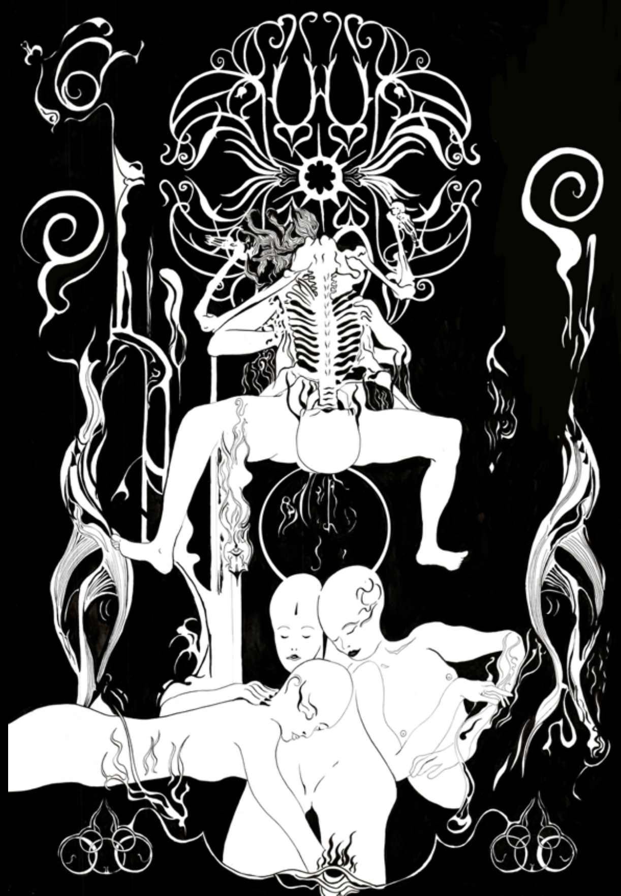 Black and white fantasy-style illustration with a humanoid figure with a skeletal body, surrounded by abstract swirling patterns, smaller faces, and demonic or mythical figures, with a psychedelic and surreal aesthetic.
