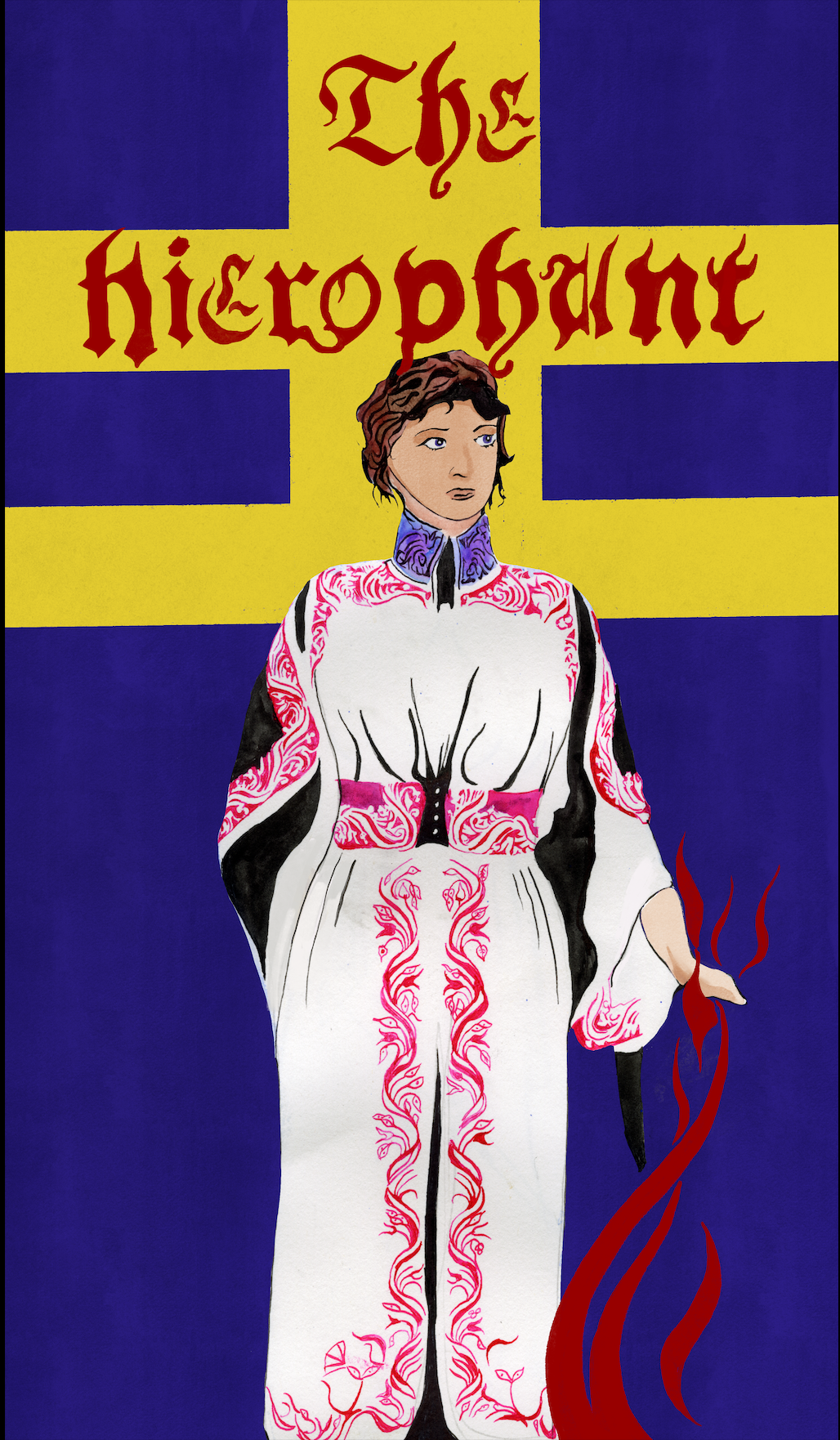 A drawing of a woman in a white dress with intricate pink and black designs, standing in front of a yellow cross on a blue background, with red text reading 'The Hyphoephenes' above her head.