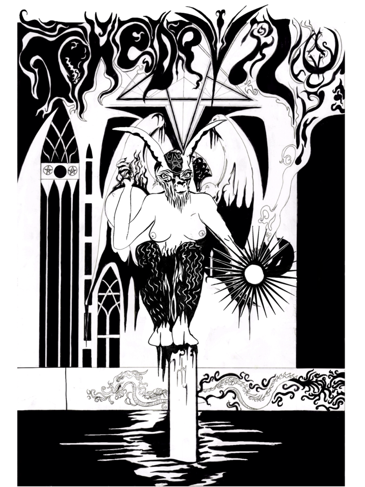 Dark Fantasy black and white illustration of a Baphomet figure with a goat's head and human body, holding a flaming orb, with Satanic symbols and gothic architecture in the background, including a pentagram and a flaming torch.