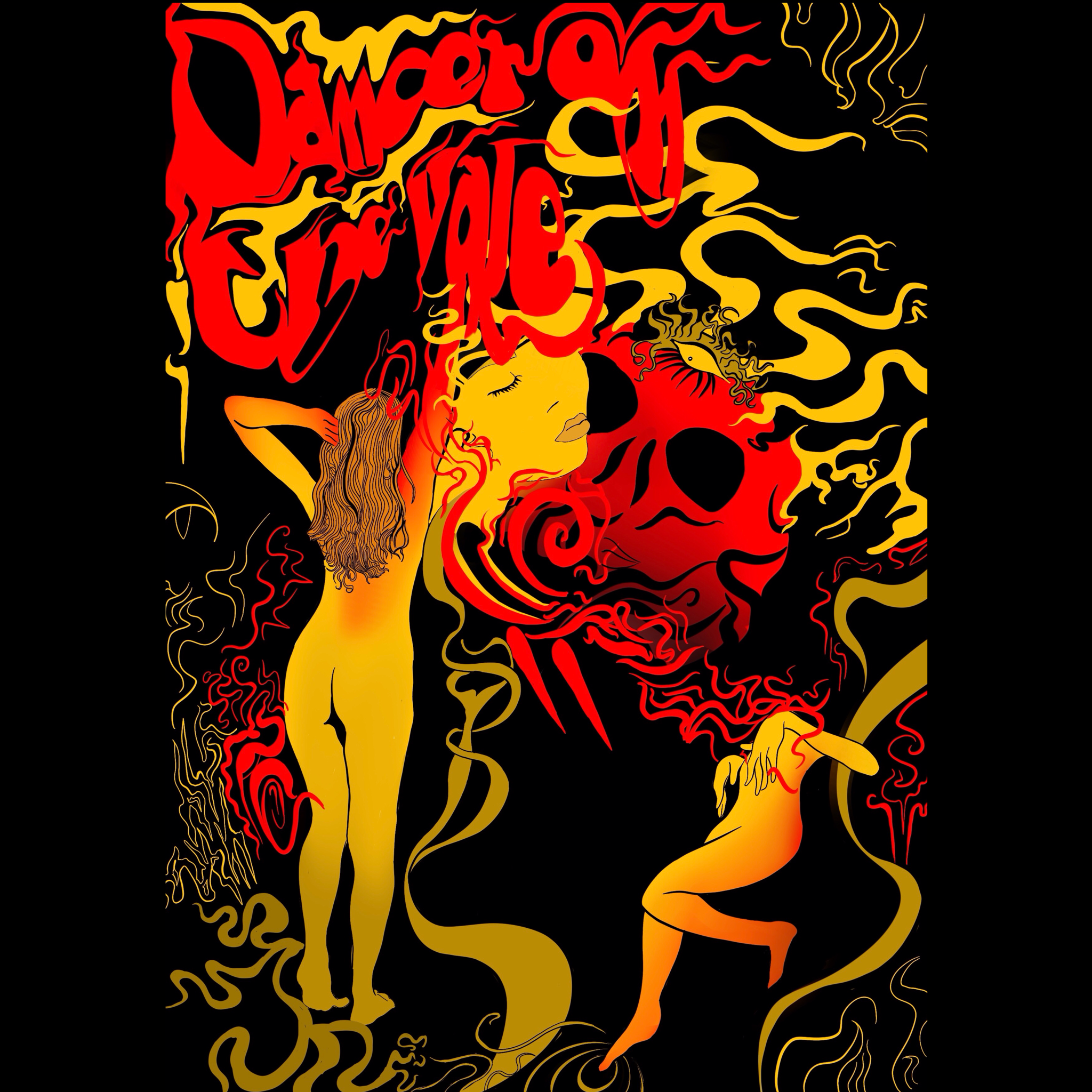A psychedelic print in red and yellow featuring a dancing woman and swirling red writing reading Dancer of The Vale