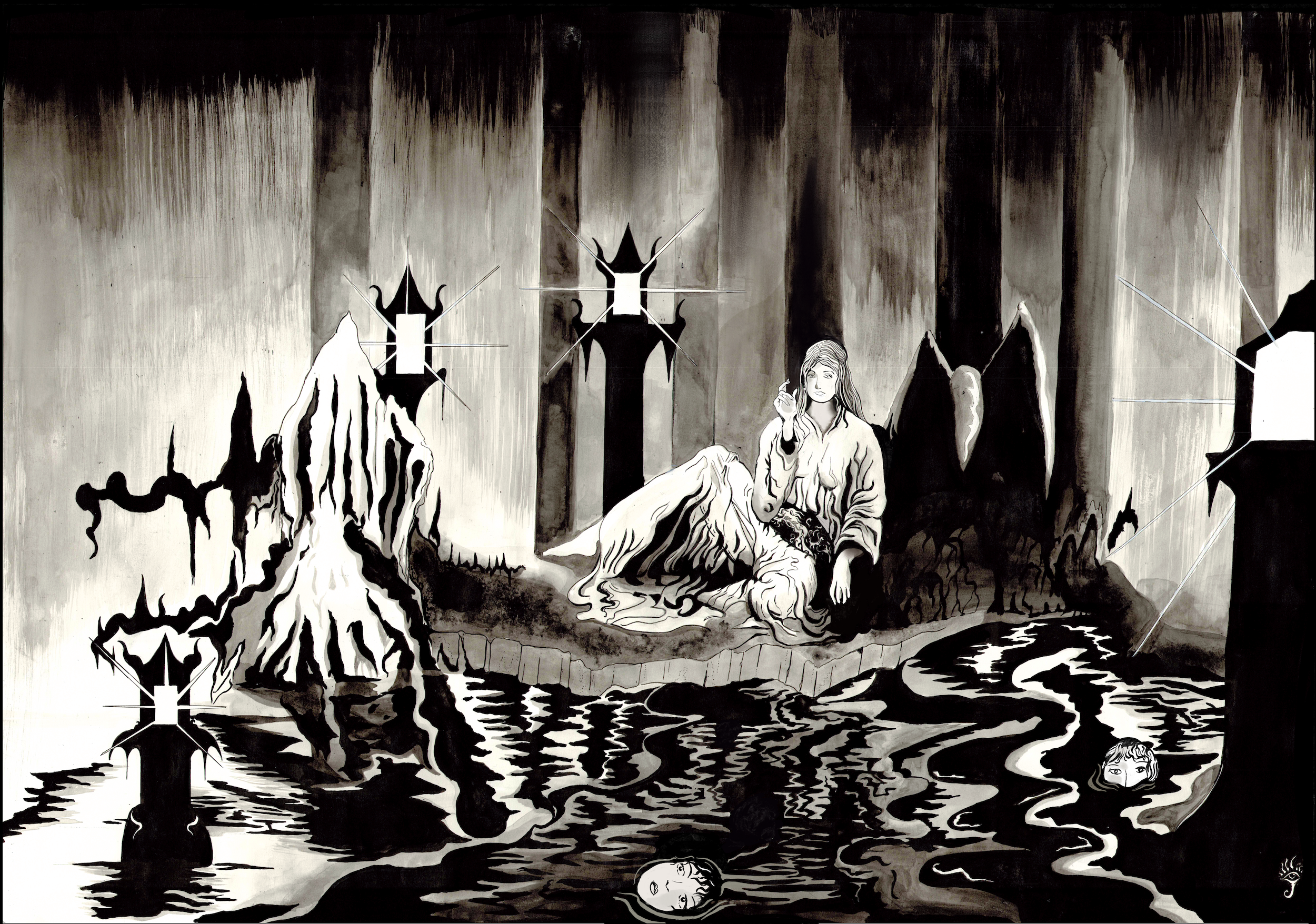 Black and white artwork depicting a woman lying by a body of water with a relaxed expression and long hair. Several candlesticks and abstract shapes surround her, along with a reflection of her face in the water. The background features vertical stre